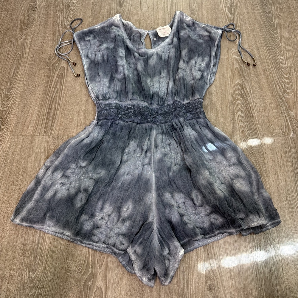 Free People Julia Tie Dye Cold Shoulder Embroidered Blue Romper Medium NWOT